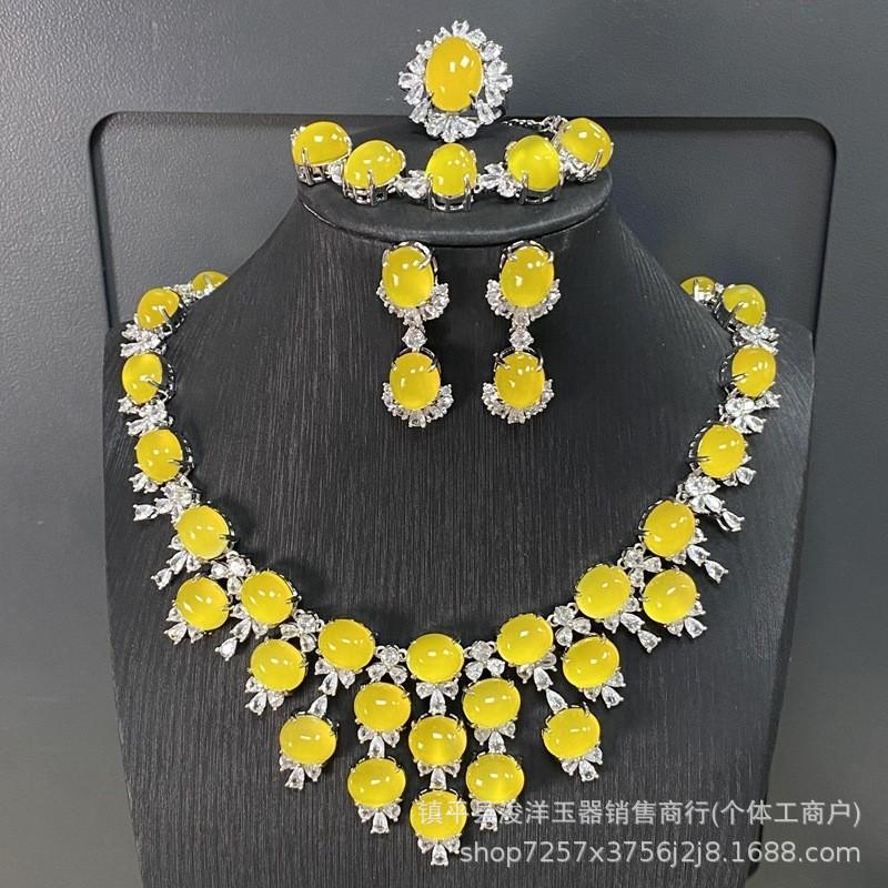 

Design Style Inlay Craft Set, Natural Chalcedony Necklace, Bracelet, Stud Earrings, Four-piece Set