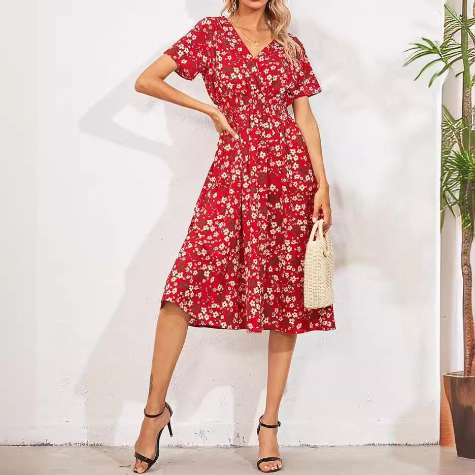 Polyester Floral Print A Line Dress With V Neck For Summer Casual Women