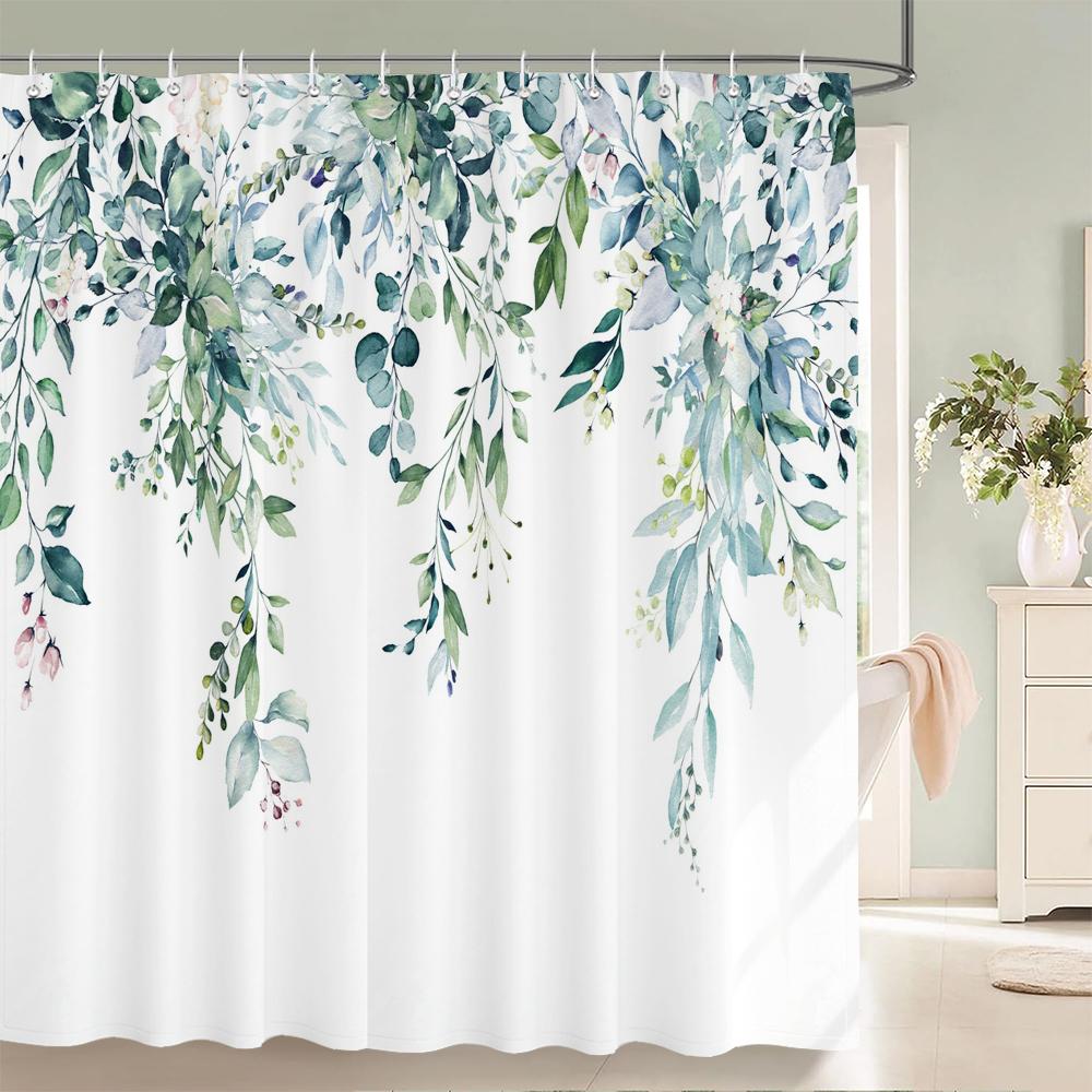 Green Eucalyptus Shower Curtain Waterproof Polyester Leaves Plant Floral Printed Bathroom Partition Decorative Curtain With Hook