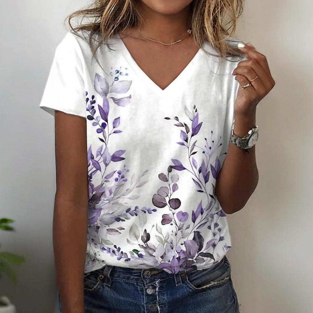 Women's T-shirt Summer Casual Outdoor V-neck Women's Short-sleeved Printing Pattern All-match Loose and Comfortable Short Style