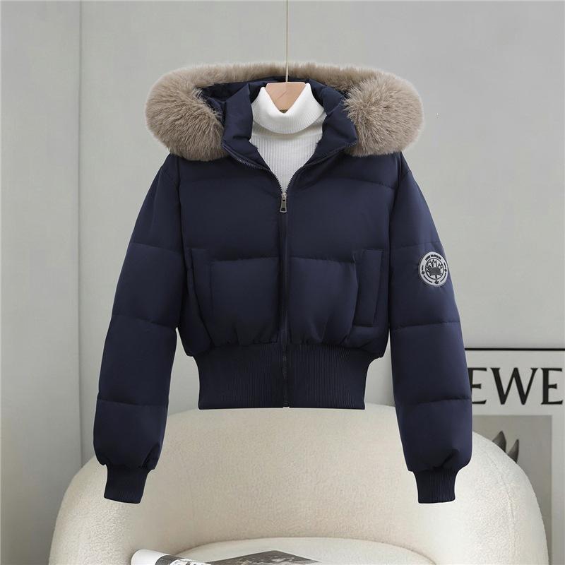 Simple Hooded Fur-neck Cotton-padded Clothes for Women's Short Short Men, Thickened Warm Waist Cotton-padded Clothes.