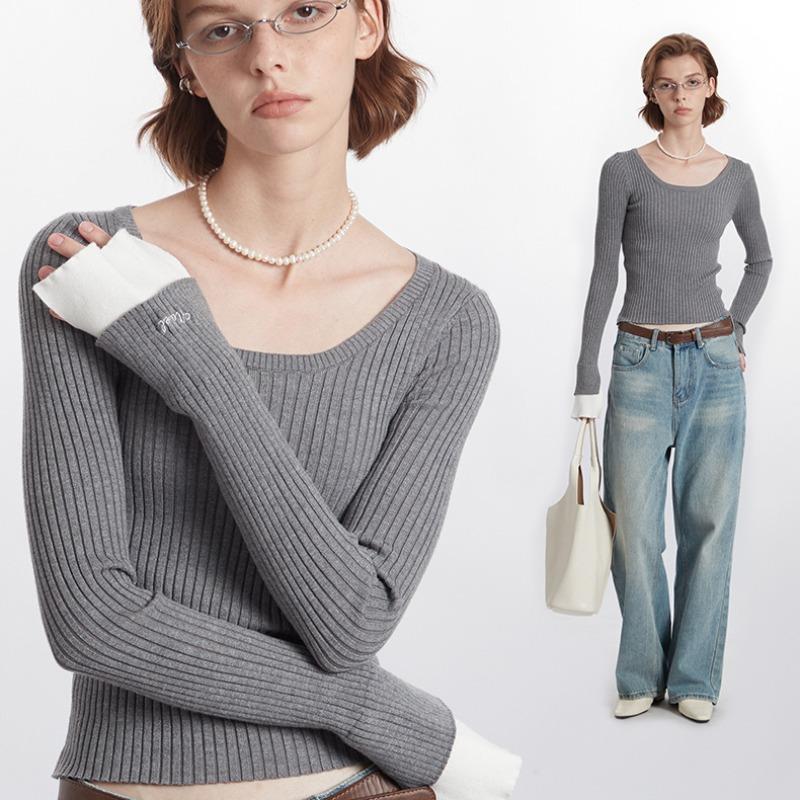 Spring and Summer Women's New Pullover Solid Color Casual Simple Long Sleeve Square Collar Short Slim-fit Sweater