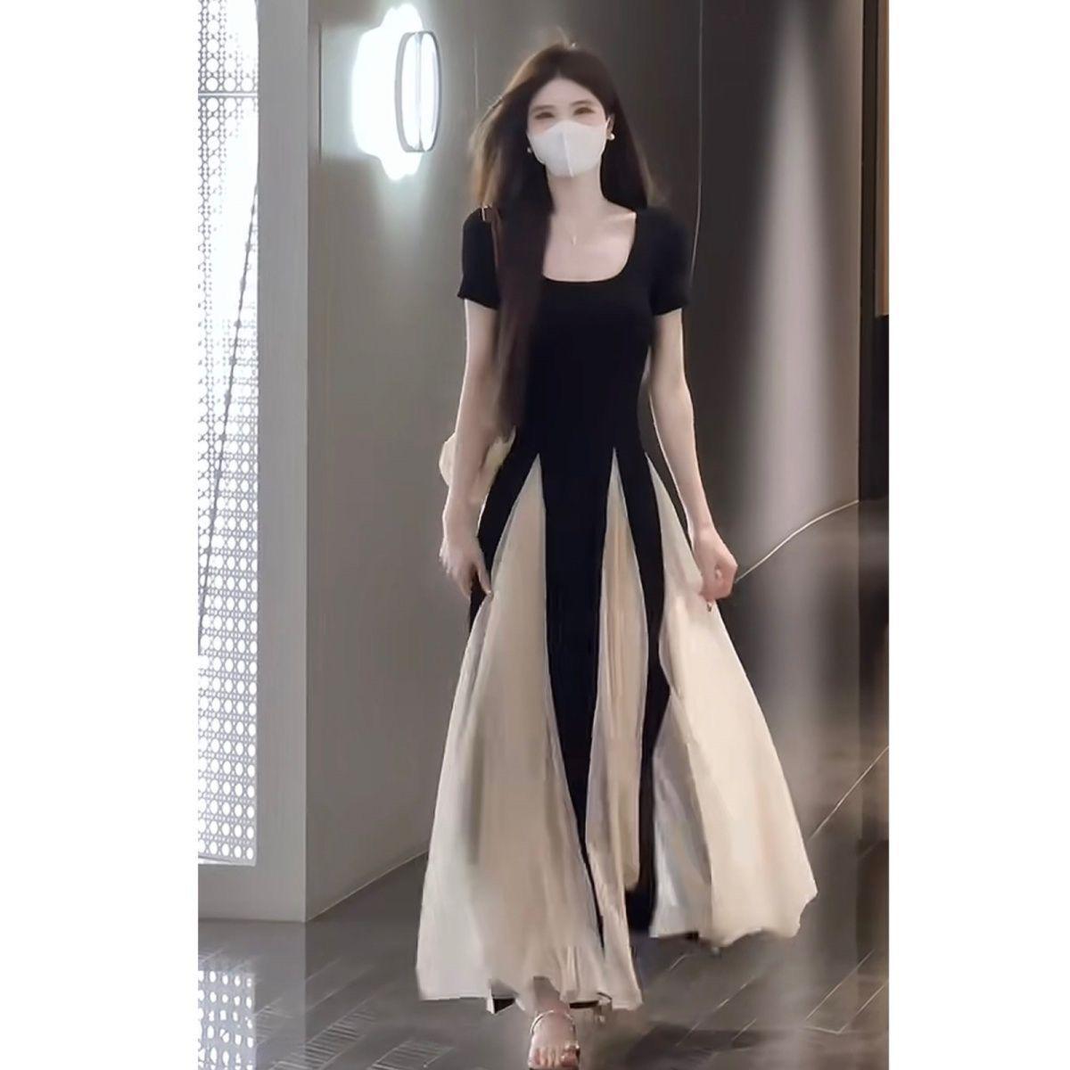 

Plus Size Elegant Patchwork French Bodycon Dress - Summer Color Block Design for Women S (up to 98 kg)