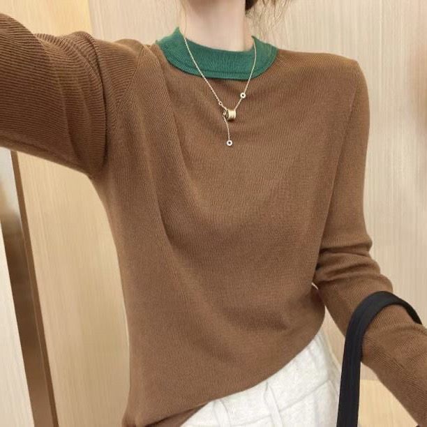 Round Neck Sweater Base Sweater Contrasting Color Design Autumn and Winter Korean Version Fashionable Loose and Slimming Knit Sweater Top for Women