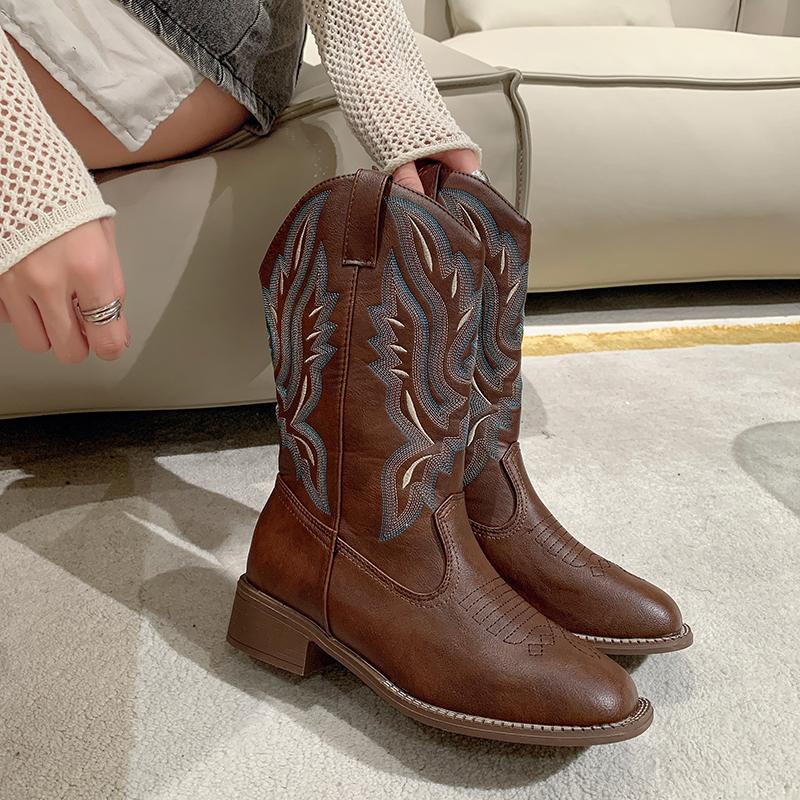 

Fashion New Winter Vintage Brown Women Boots Cowboy Boots Women Embroidered Square Toe Brown Long Boots Chunky Mid Calf Women Shoes 40 кофейный