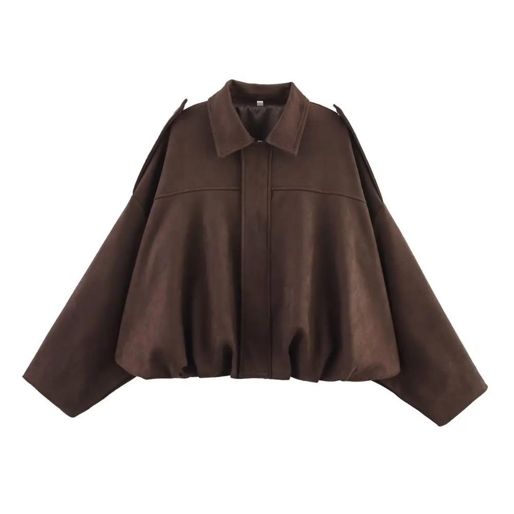 New Women's Suede Texture Effect Loose Version of Fashion Lapel Shoulder Bomber Jacket