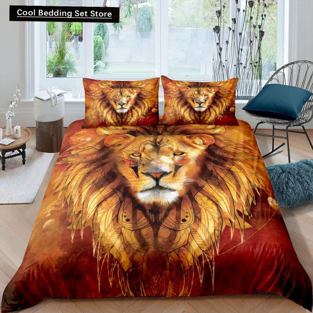 Rei Leão Rainha Capa de Edredom Conjunto de Cama Animal Relâmpago Leão Dourado 2/3 Peças Capa de Edredom Cinza Preto Dourado Poliéster Capa de Edredom
