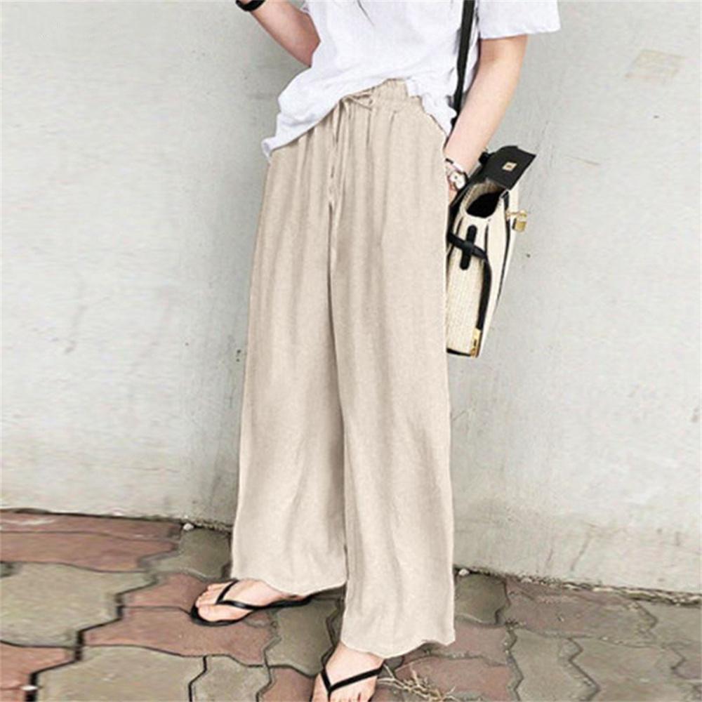 Spring Autumn Women's Wide Leg Pants Plus Size High Waist Solid Color Loose Cotton Linen Pants