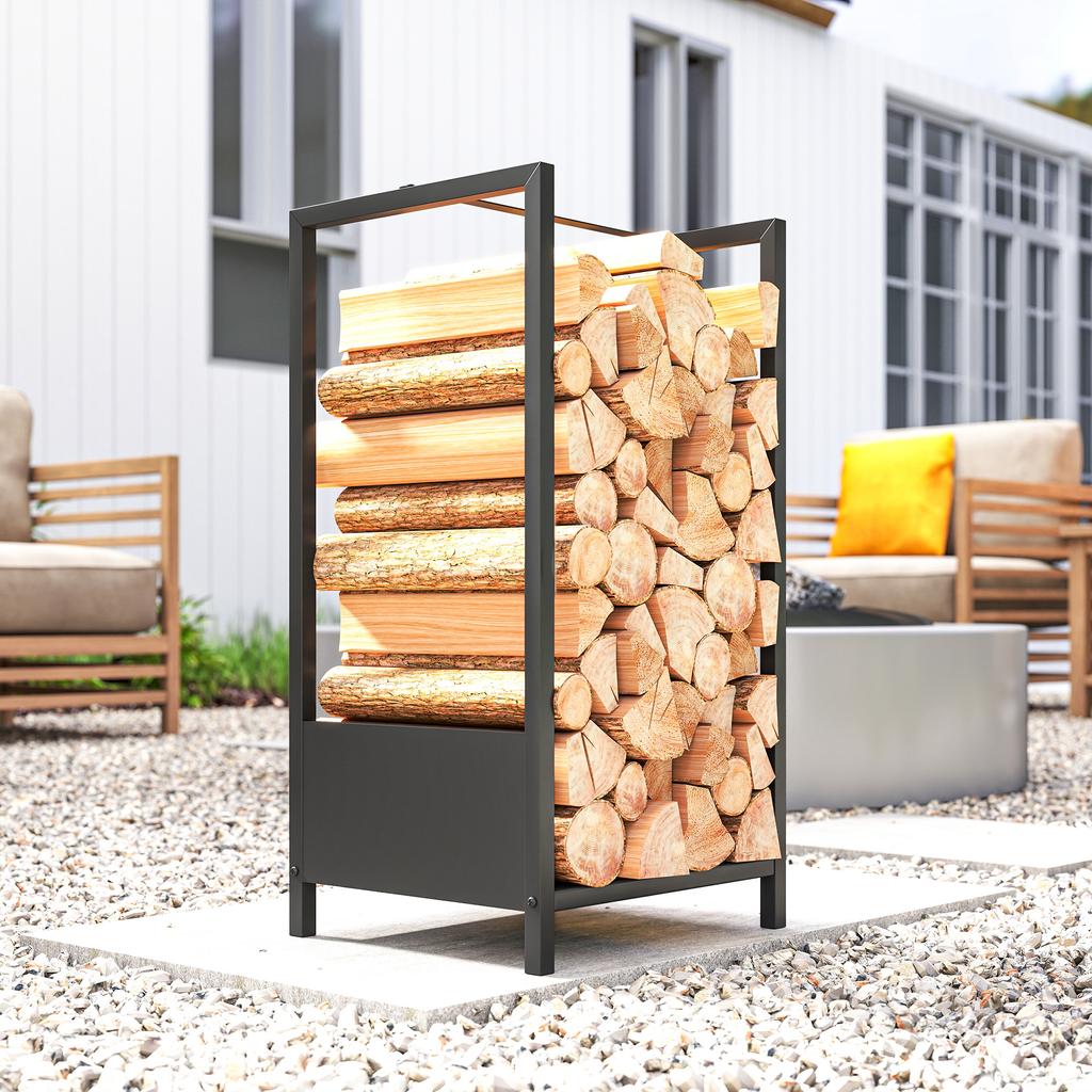 Stahl-Holzregal für Innen und Außen mit erhöhtem Sockel, 39x35x76cm, Schwarz