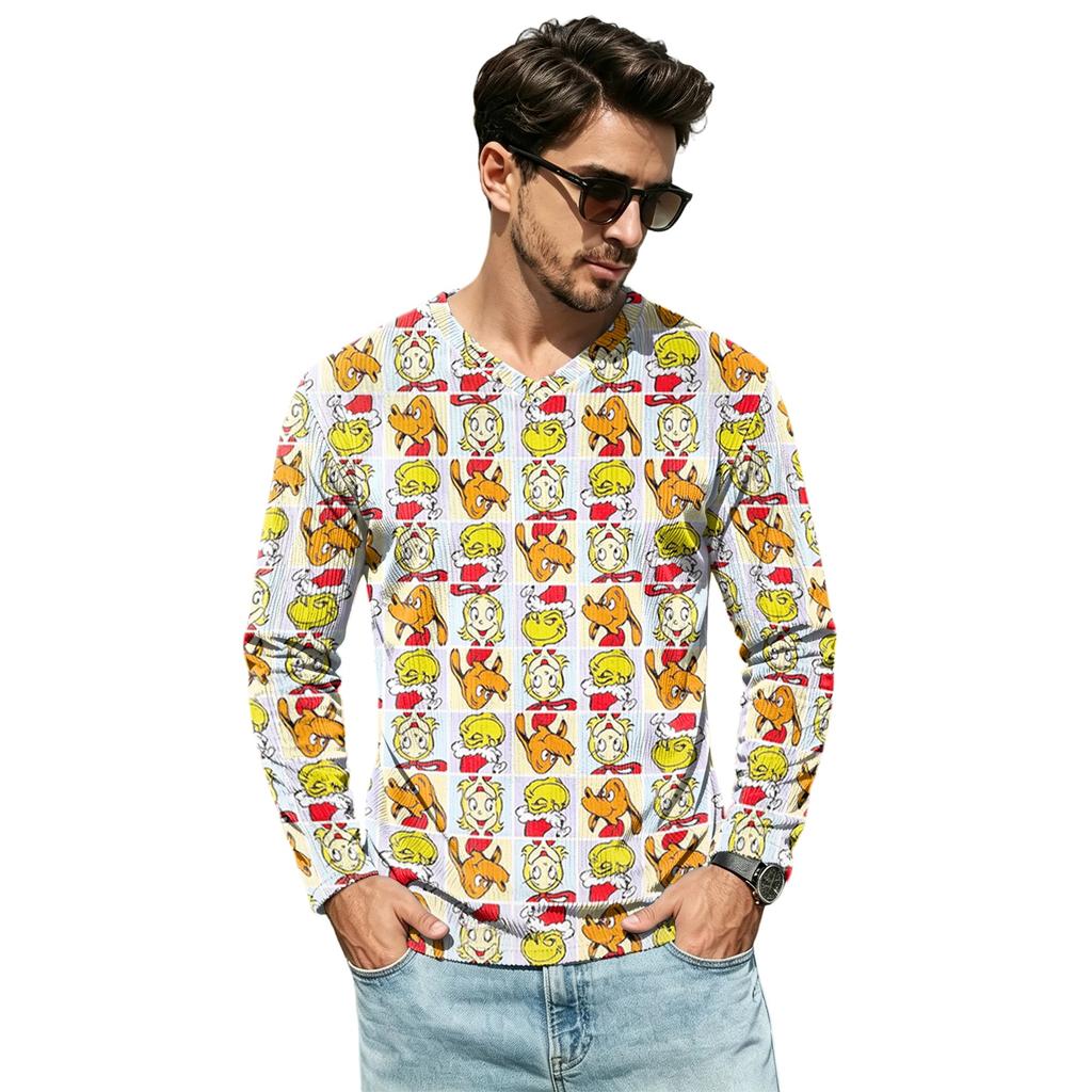 Men's Casual Street Loose Fit V-Neck Christmas Print Shirt