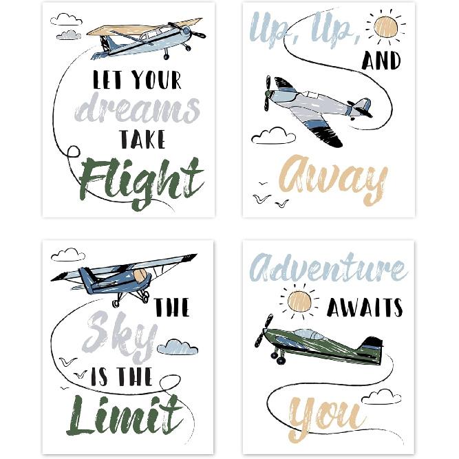 Sweet Jojo Designs Vintage Airplane Wall Art Prints Room Decor for Baby Nursery Kids - Set of 4 - Grey Yellow Orange Red White Blue Airplanes Air