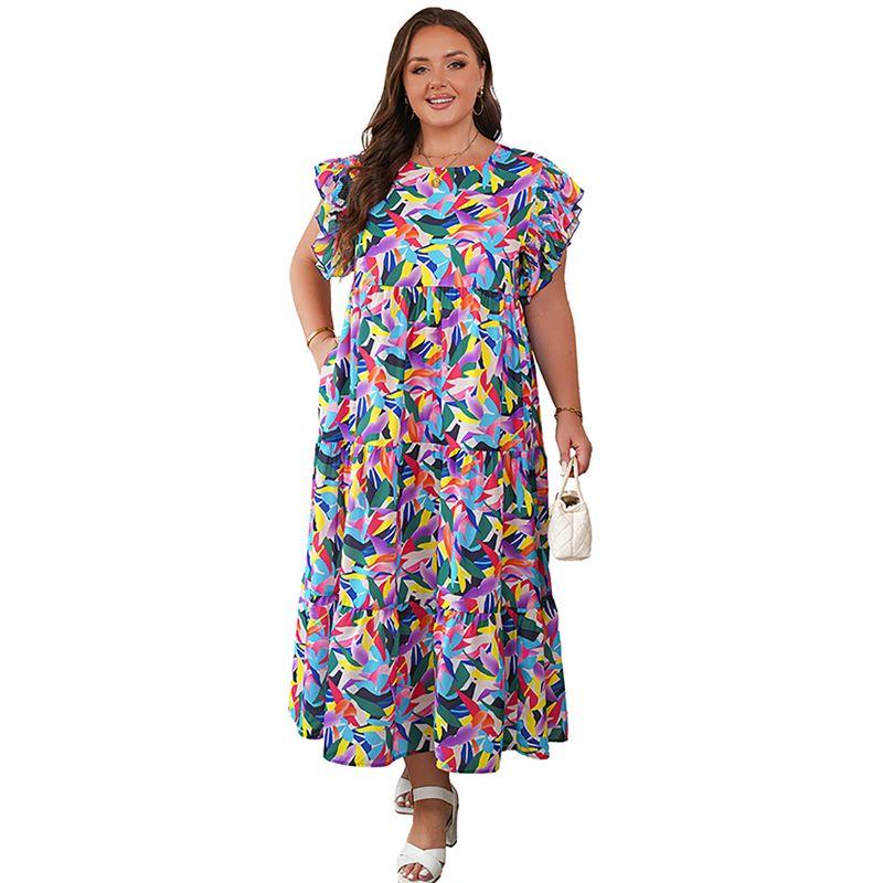 

American Shiying Color Matching Wide Size Ruffle Sleeve Dress Women s 2025 Summer New Holiday High Waist Long Dress Color 4XL fit (90.00 kg-100.00 kg