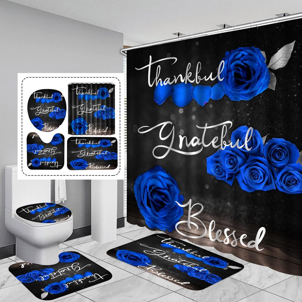4-teiliges Duschvorhang-Set mit rutschfester Badematte, Toilettendeckelbezug, Kontur-Teppich & 12 Haken, Badezimmer