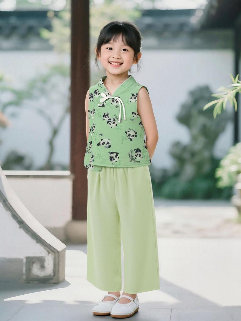 2025 Girls' Summer Hanfu Set: New Chinese National Style Top & Wide-Leg Pants, Children's Two-Piece.