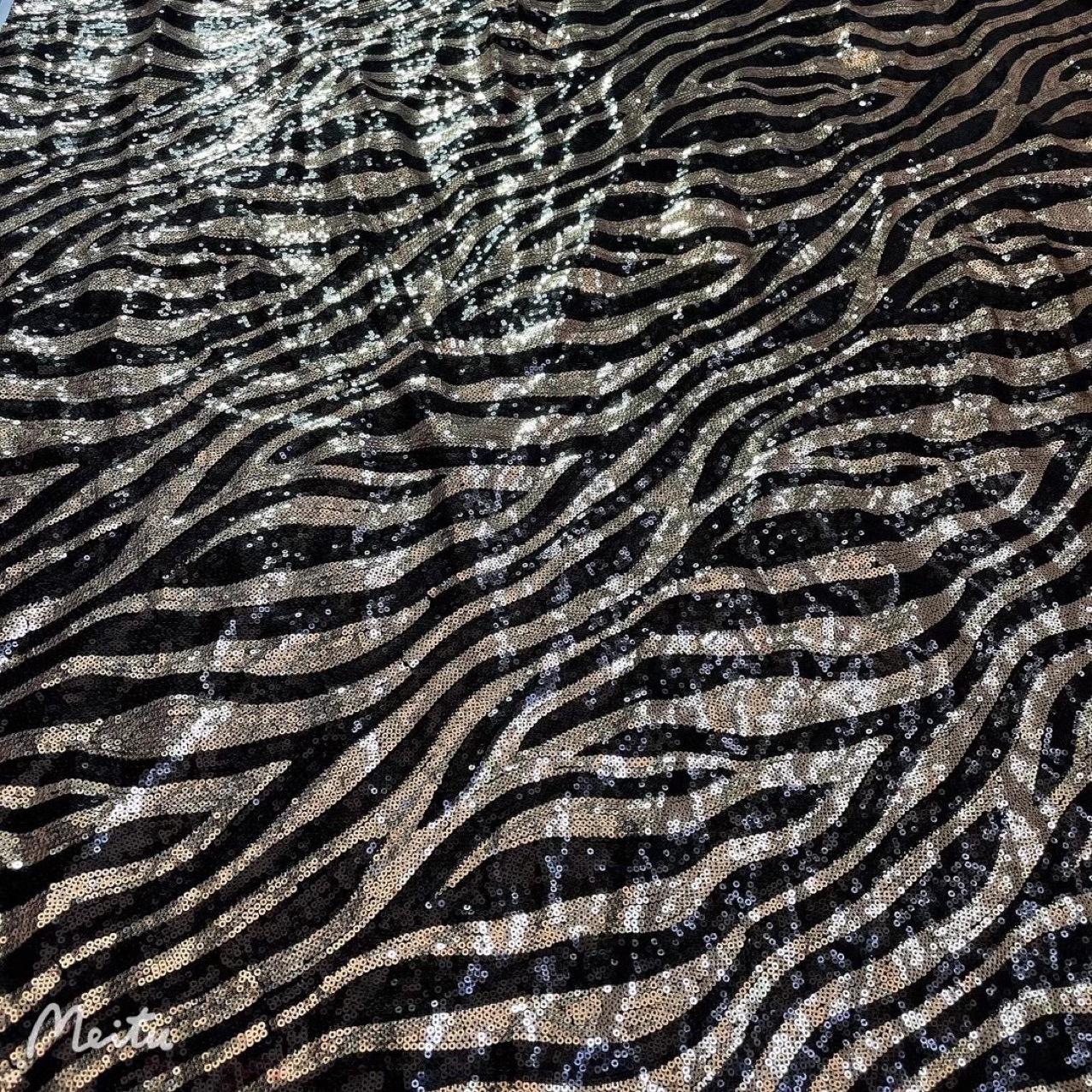 

Zebra Stripe Leopard Print Embroidery Mesh Sequin Fabric, French Tulle Zebra Lace Fabrics, African Nigerian Fabric for Clothing half yard