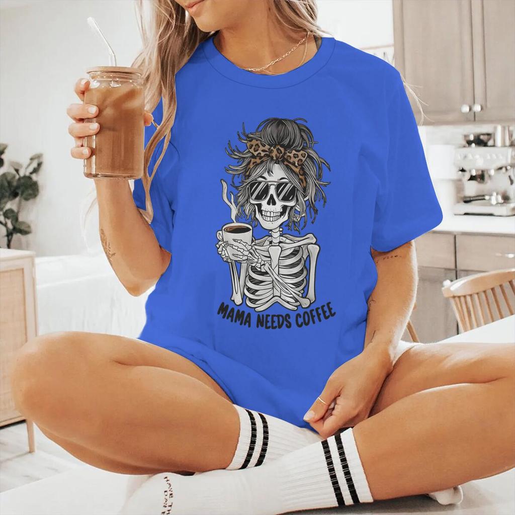 Mama Needs Coffee Vintage Womens Tshirts Fun Skeleton Coffee Print Graphic Short Sleeve T Shirt Casual Coffee Mom Tshirts Gift