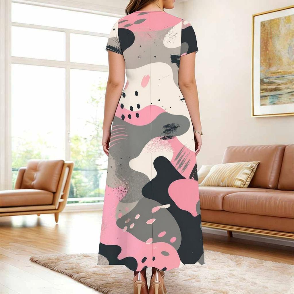 Women Plus Size Round Neck Keyhole Cutout Short Sleeve Blue Printed Maxi Dress