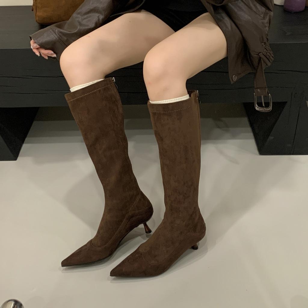 2025 New Autumn and Winter New Suede Boots Fashionable and Simple Thin Heels Medium Heel Temperament Thin Boots