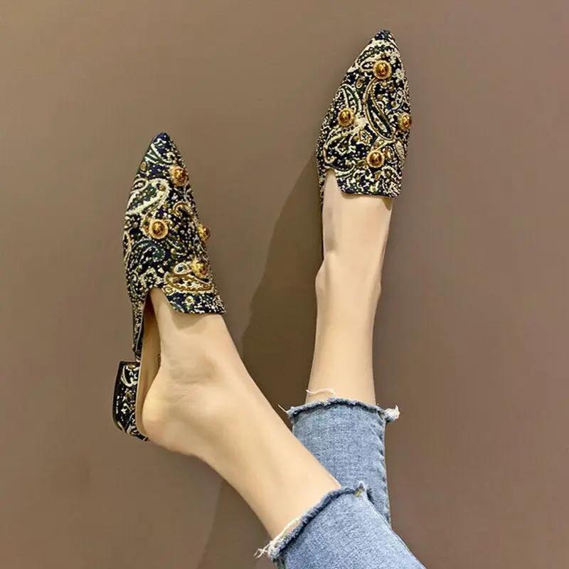 Fashion Pointed Toe Mules Slides Shoes For Women Tide Woman Slippers Multi Color Outside Flat Sandals Trend New Collection Sale Luxury Y