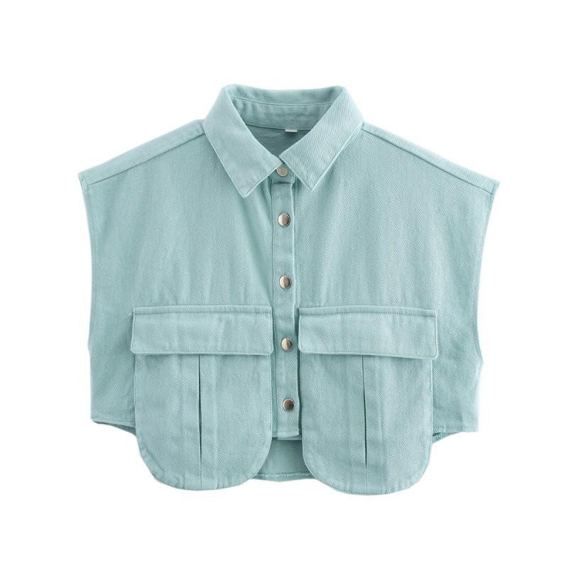 Womens Solid Color Oversized Sleeveless Denim Shirt With Large Pockets Polo Collar Short Top