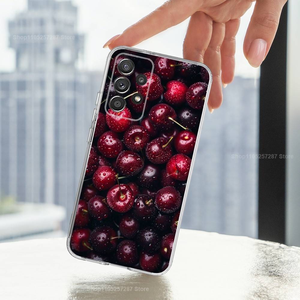 Fruit Tasty Cherry Phone For Samsung A30,71,51,S20,10,9,Ultra,FE,Lite, S21,23,22,PIus,Transparent, Silicone Case