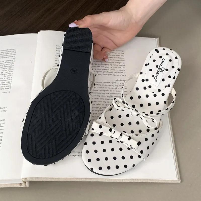 Fashion Elegant Bow Polka Dot Design Brand Slipper Women Fashion Narrow Band Slide Sandal Comfort Soft Bottom Dresses Sandalias De Mujer