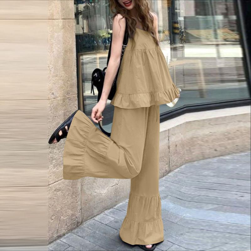ZANZEA Women Sleeveless Straps Camisoles and Long Pants Summer Two Piece Suit Sets