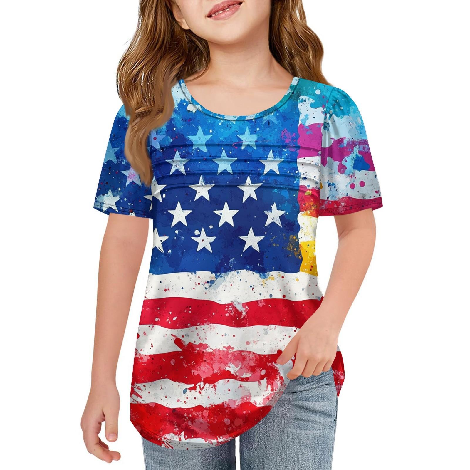 

Kids Pleated T-shirt Short Sleeve Summer Crewneck Printed Independence Day Casual Top T-shirt 100 синий