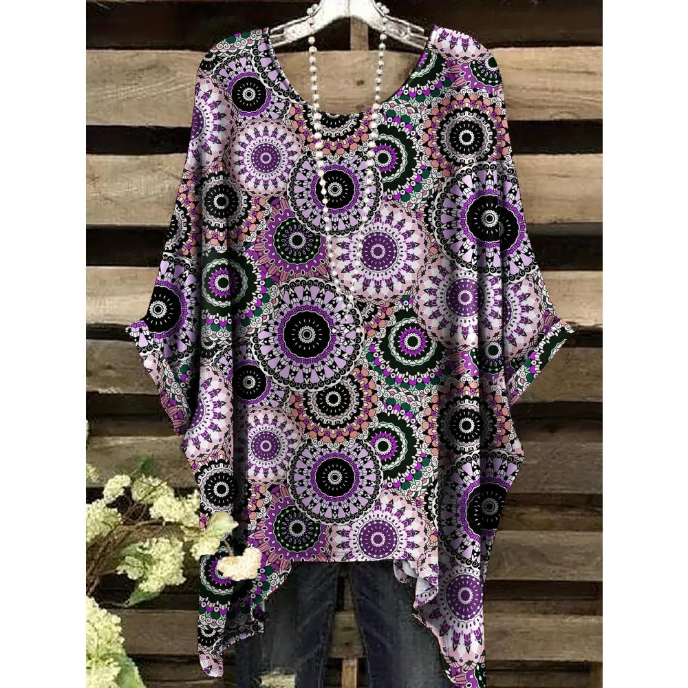 Retro Damen T-Shirt Trendig Ethnisch Boho Bedruckt Sommer O-Ausschnitt Unregelmäßiger Saum Kurzarm Bluse T-Shirt Locker Lässig Pullover