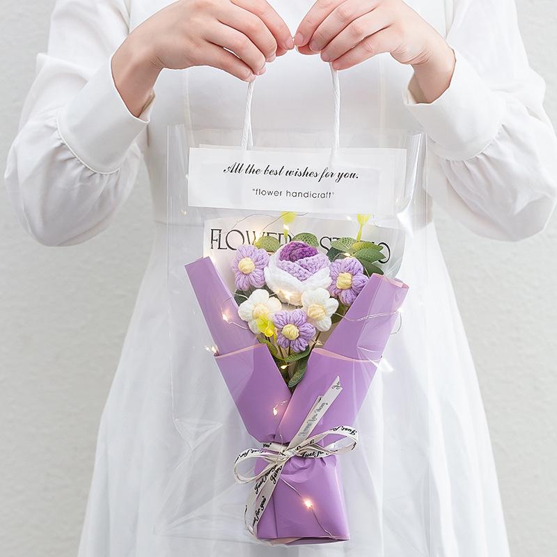 Knitted Flower Bouquet Crochet Rose Flowers Hugging Bucket New Year Gifts Living Room Desk Decoration Mother's Day Gift
