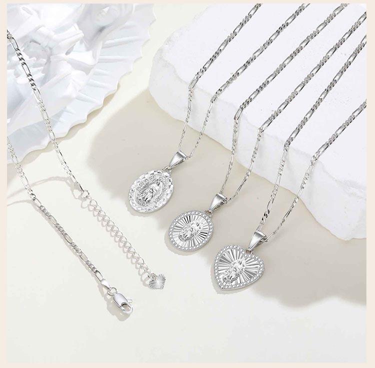 Cubic Zirconia Virgin Mary Pendant Necklace For Women, Oval Heart Stainless Steel Figaro Chain, Catholic Religious Jewelry