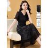 Women's Black Jacquard V-Neck Chiffon A-Line Dress