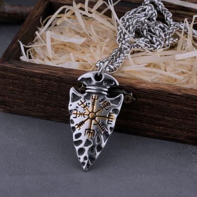 Viking Spear Compass Necklace Stainless Steel Nordic Mens Hip Hop Biker Helm Awe Amulet Fashion Jewelry Gift for Boyfriend