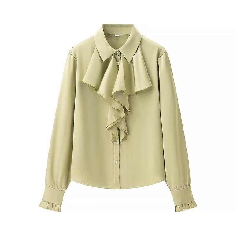 Kaslead New Women clothes Western Style Fashion Silk Satin Texture Frill Long sleeve Shirts