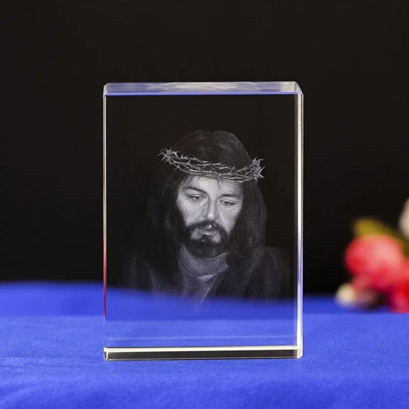 3D  Crystal Cube Christian Jesus Cross Figurine Home Decor Virgin Mary Laser Engrave Crystal Religious Gifts for Women's Birth