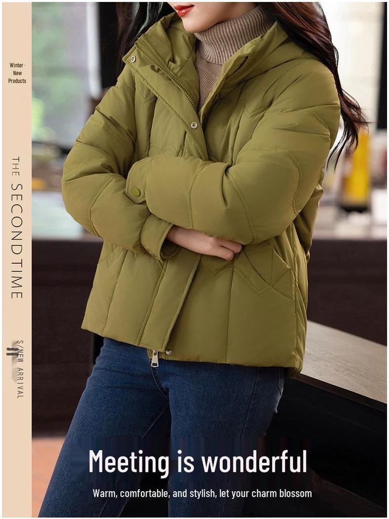 Damska 2024 Zimowa Krótka Kurtka Puchowa z Kapturem - Petite, Pogrubiona, Ciepła Kurtka z Puchu Białej Kaczki dla Matek w Średnim Wieku
