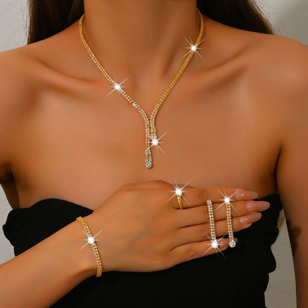 Light Luxury Earrings Bracelet Necklace Ring Set Minimalist Crystal Earrings Chain Set Party Gift