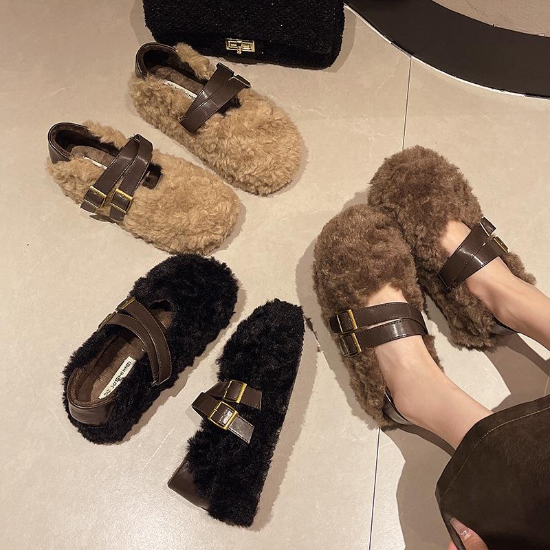 Mary Jane fluffy shoes women's autumn and winter wear 2025 new flat-soled soft-soled lamb wool bean shoes with fleece floating shoes