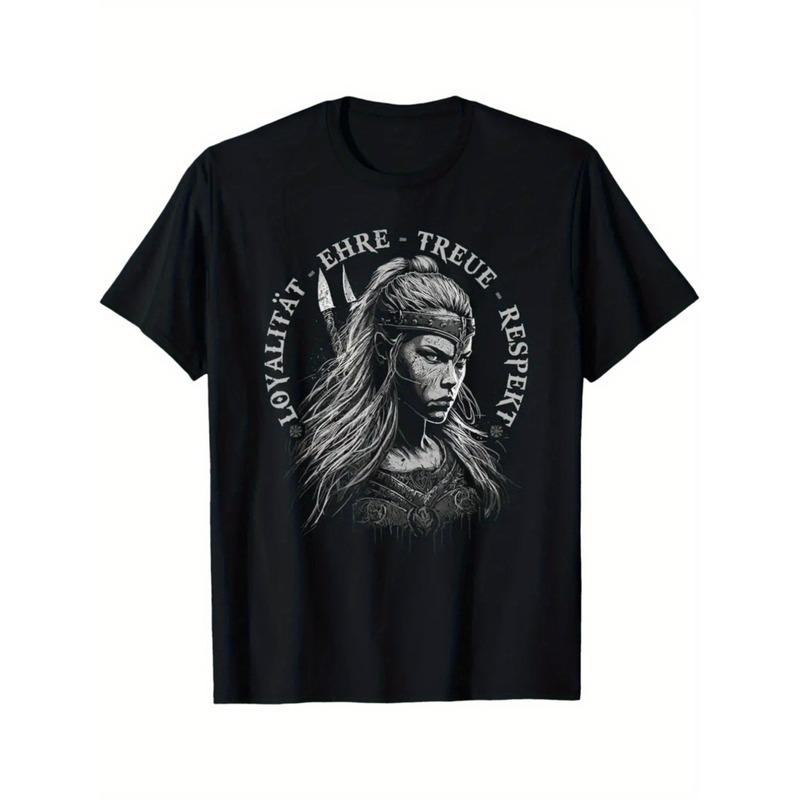 Men's Viking Norse Warrior T-Shirt - Valkyrie Female Warrior & Viking Axe/Shield Print, Norse Text, Casual Round Neck Tee Suitable for History