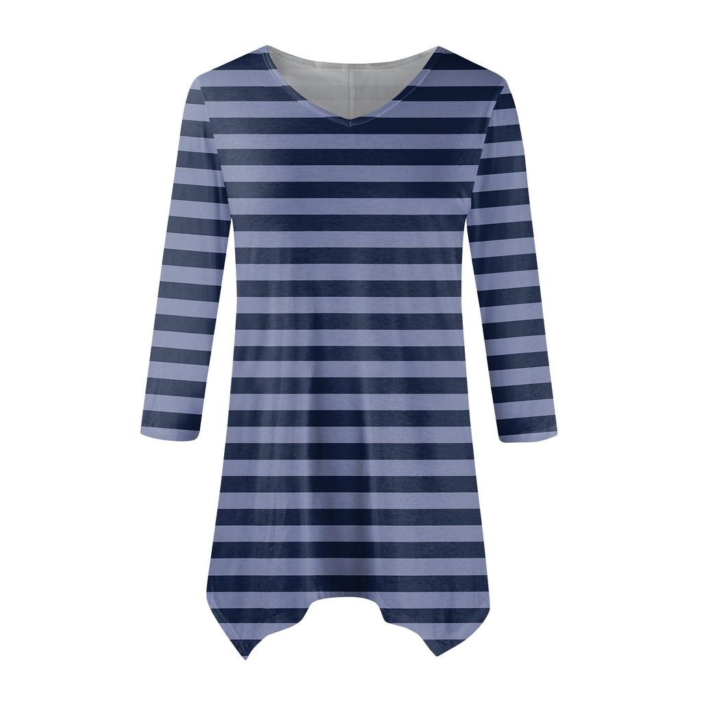 Women's Fashion Casual V-neck Striped Printed Seven-point Sleeve Shirt Belted Loose Comfortable Top