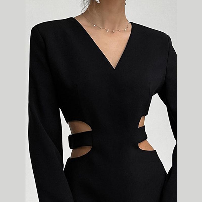 Dámské šaty s výstřihem do V, jednobarevné, s výřezy, s dlouhým rukávem, áčkového střihu, na zip, kancelářské šaty