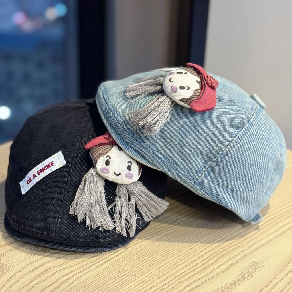 Cute little girl's bowknot denim beret, women's vintage duckbill beret, versatile and face-slimming artist hat