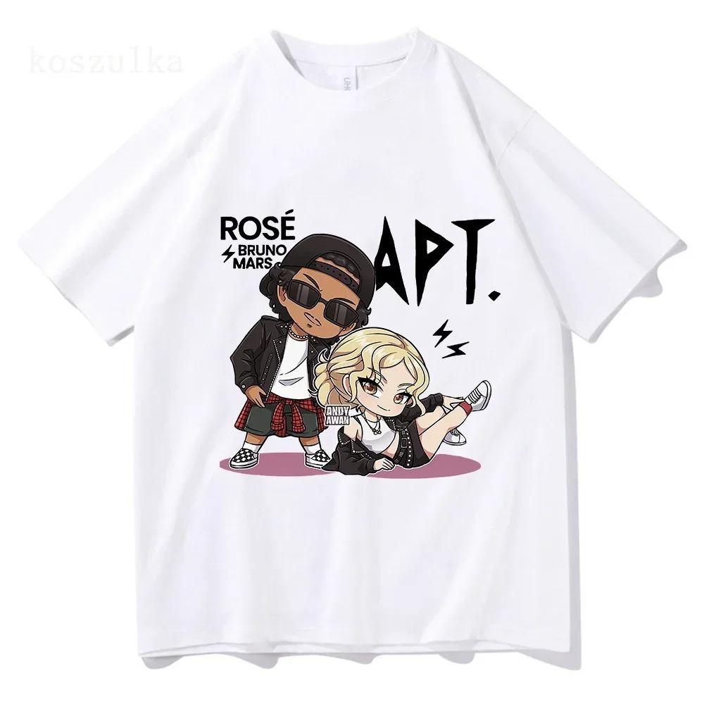 

ROSÉ x Бруно Марс APT. Чиби Мультяшная Винтажная Белая Футболка Оверсайз | Коллаборация K-Pop и Поп-Музыки Фанская Унисекс Уличная Футболка 4XL