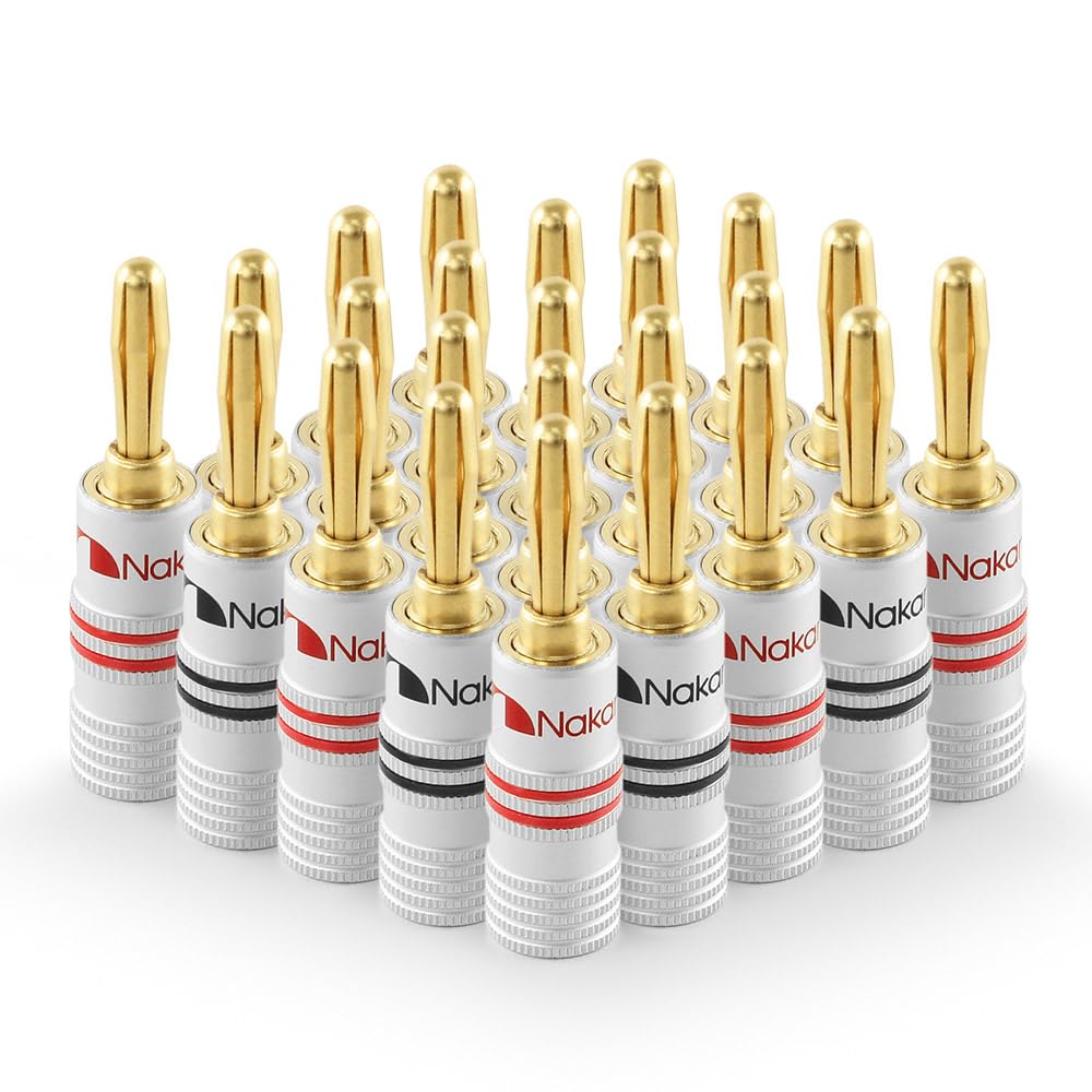 Nakamichi Banana Plugs 24K Gold Plated Speaker Cable Connectors Aluminum Metal Shell 12AWG-18AWG 4mm for Speaker Amp Hi-Fi 24pcs 12 Pairs
