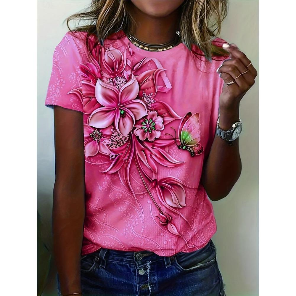 Women's T-shirt Floral Crew Neck Short Sleeve 3D Butterfly Print Elegant Casual Wear Spring Summer