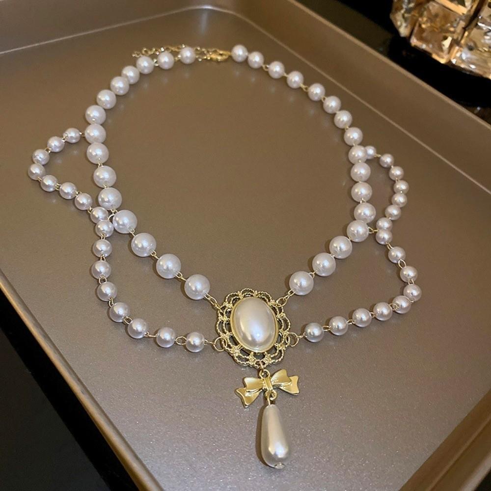 Bowknot Pendant Imitation Pearl Necklace Double Layer Bridal Jewelry Accessories for Women