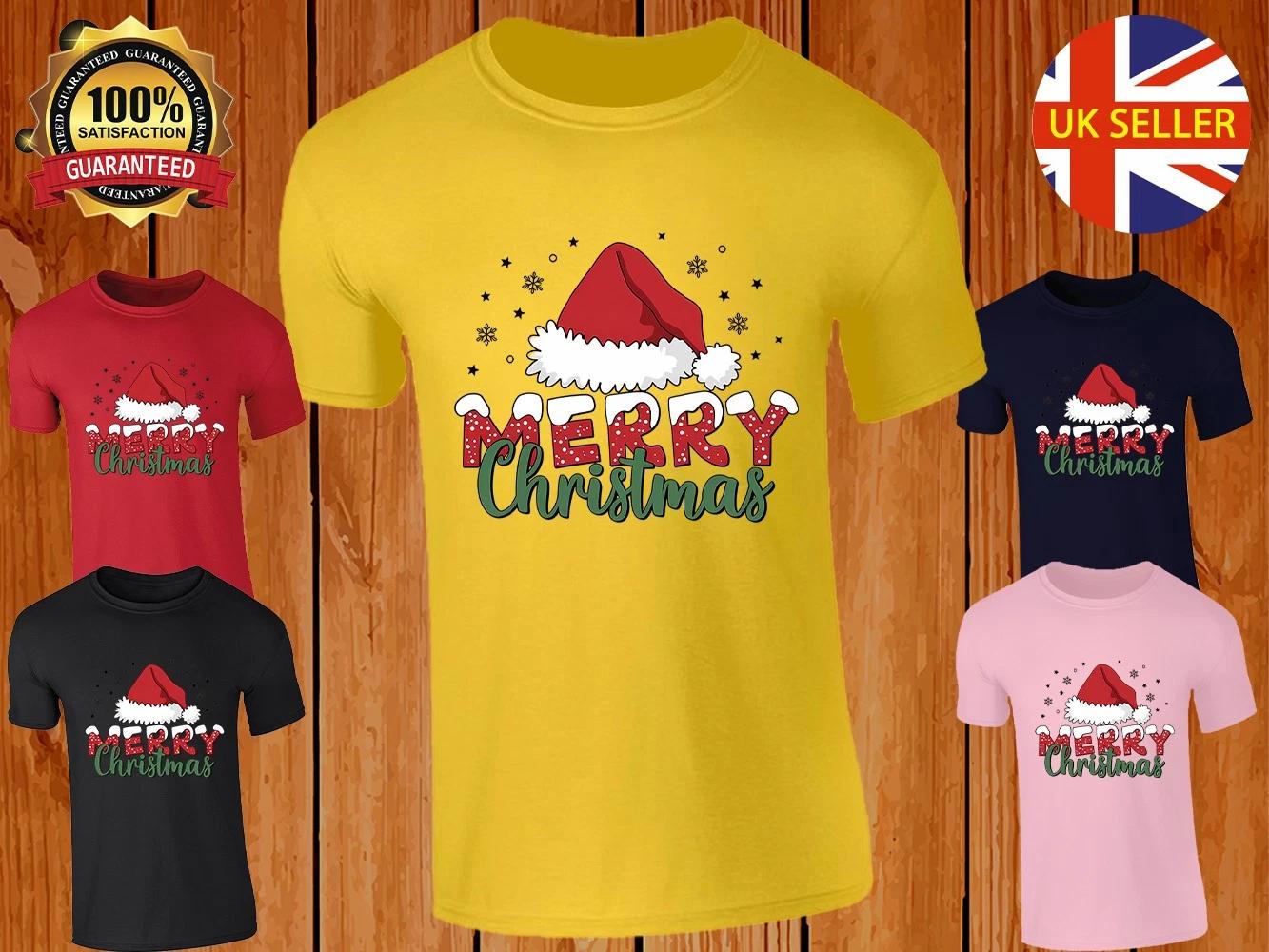 Merry Christmas Santa Hat T-shirt Kids Cute Snowy Holiday Tee Xmas Gift Design L