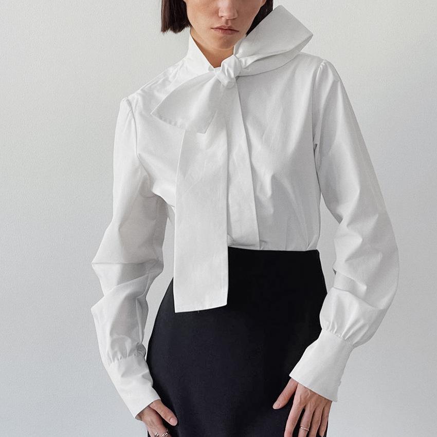 1116 autumn fashion versatile lace-up loose shirt women's European and American loose white shirt streamer collar simple