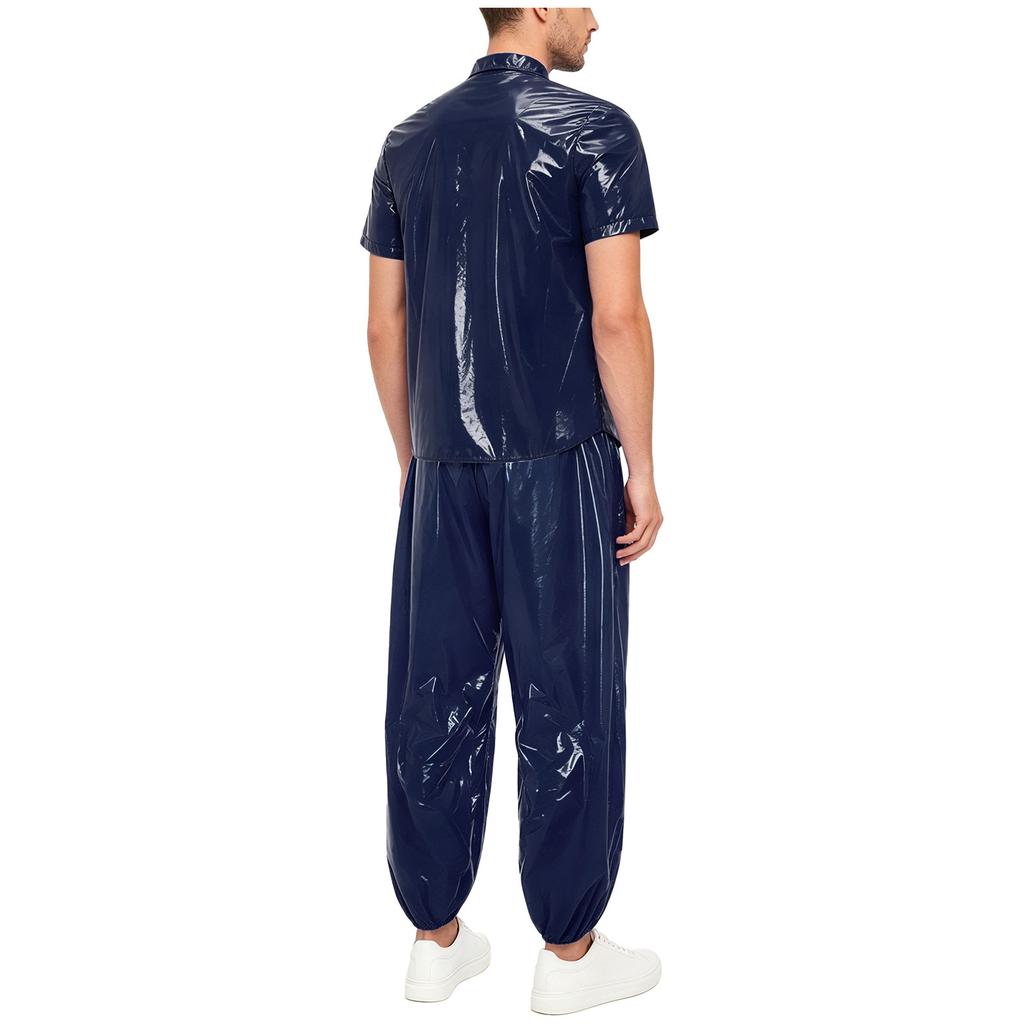S-3XL Men Waterproof Tracksuit Short Sleeve Front Button Lapel T-Shirt with Elastic Waistband Jogging Pants for Sauna Sweat Rainwear
