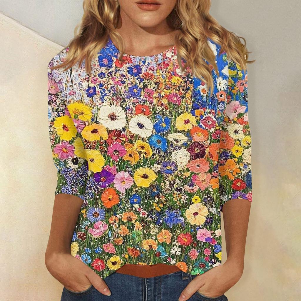 Women's Fashion Casual Three-quarter Sleeve Vintage Floral Print Round Neck Top